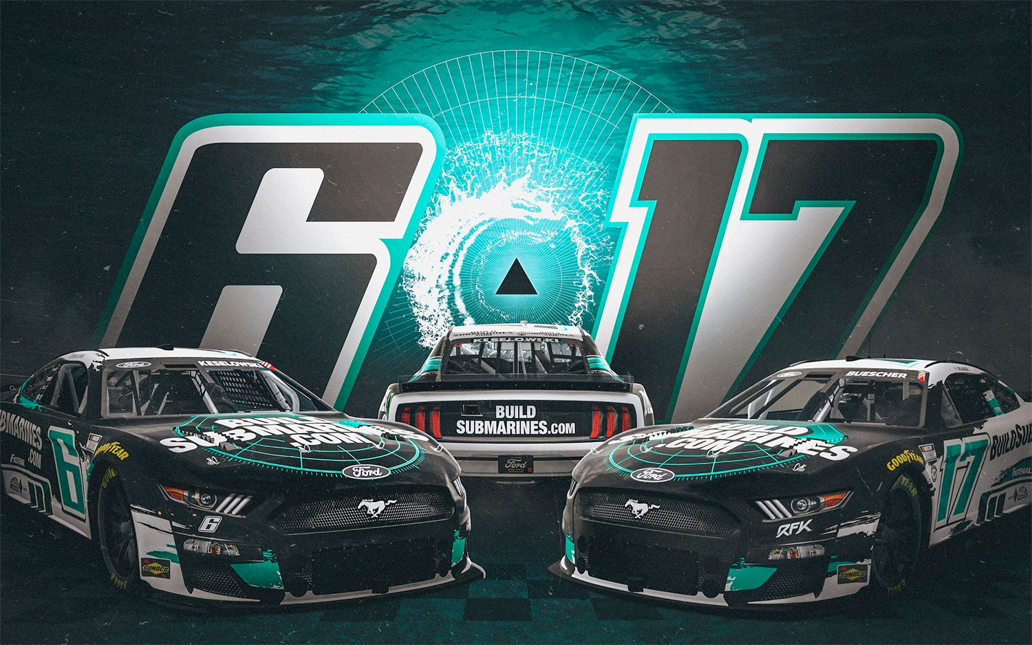 Graphic featuring two racecars facing each other and one racecar with its rear bumper presented between them. The numbers 6 and 17 are featured in the background.
